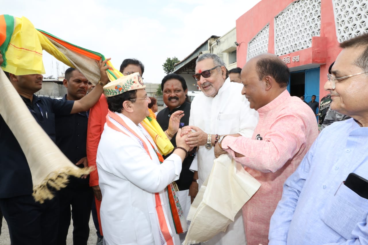 Grand welcome of Hon'ble BJP National President Shri J.P. Nadda on arrival at Patna Airport (Bihar)