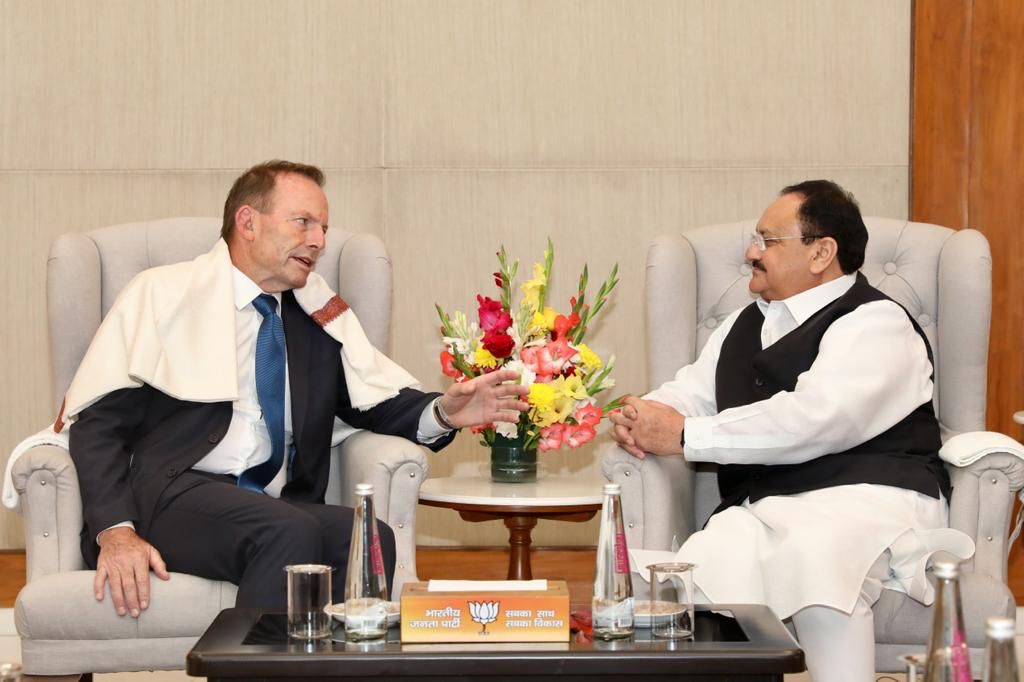 Glimpses of Meeting between BJP National President Shri J.P. Nadda and Former Prime Minister of Australia Mr. Tony Abbott at BJP HQ, 6A DDU Marg, New Delhi.