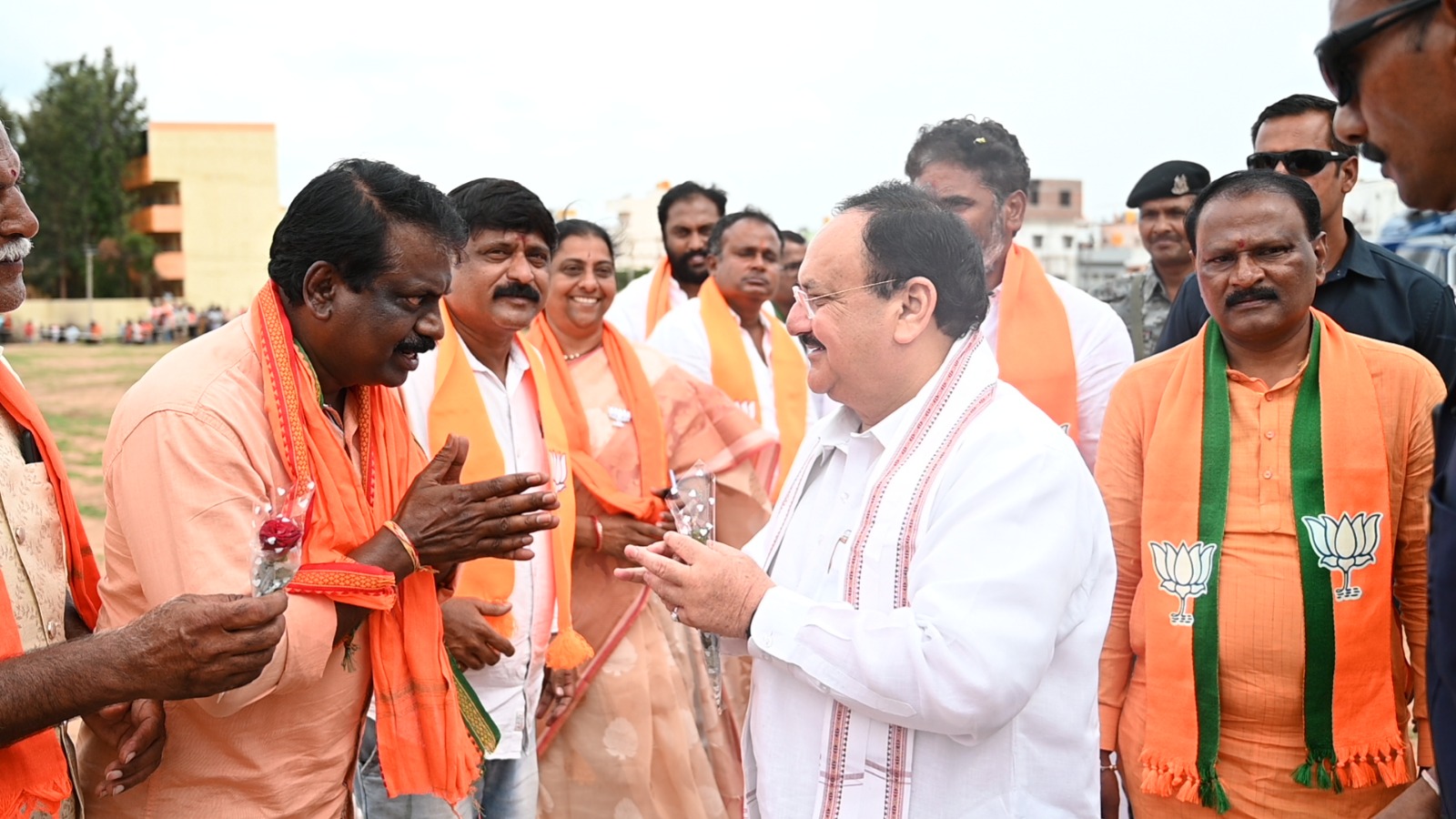 Grand welcome BJP National President Shri J.P. Nadda on arrival at Chintamani Helipad in Distt. Chikkaballapura (Karnataka)