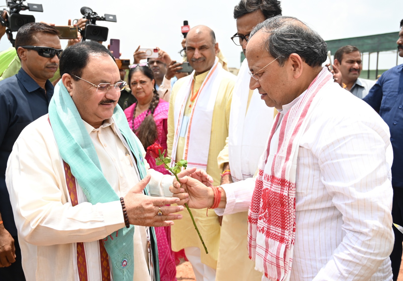 Grand welcome of BJP National President Shri J.P. Nadda on arrival at Police Parade Ground, Civil Lines, Bharatpur (Rajasthan)