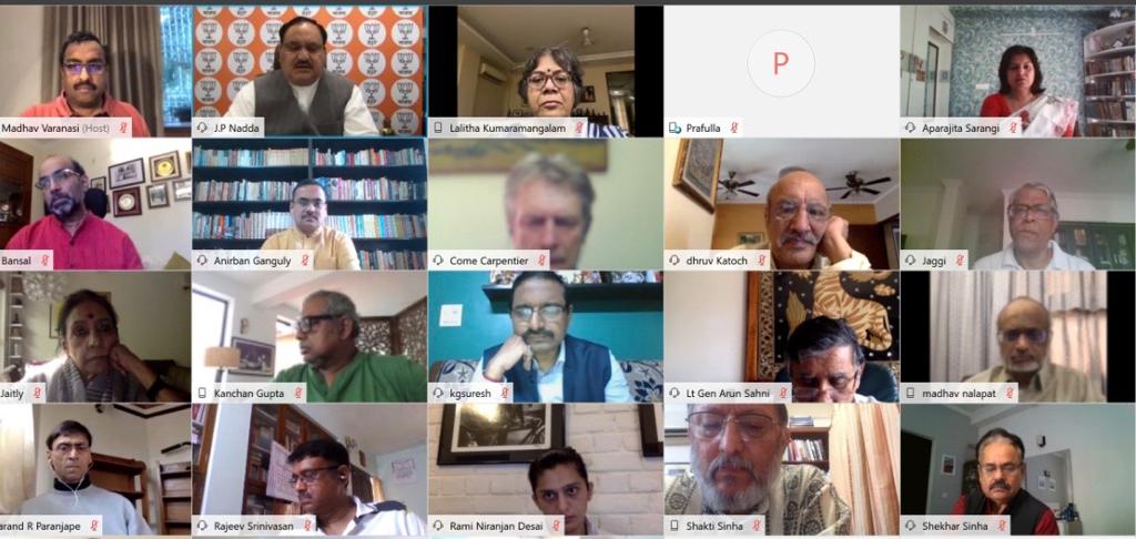 Photographs : BJP National President Shri J.P. Nadda interacting with intellectuals via video conference on discussed how Gov and BJP are trying to help the needy with combating Covid19 and seek their suggestion for amid lockdown