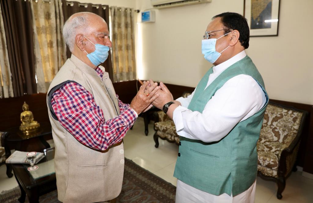   Hon'ble BJP National President Shri J.P. Nadda met Shri Shanta Kumar ji (Former CM Himachal Pradesh) to offer his condolenceson his wife's demise