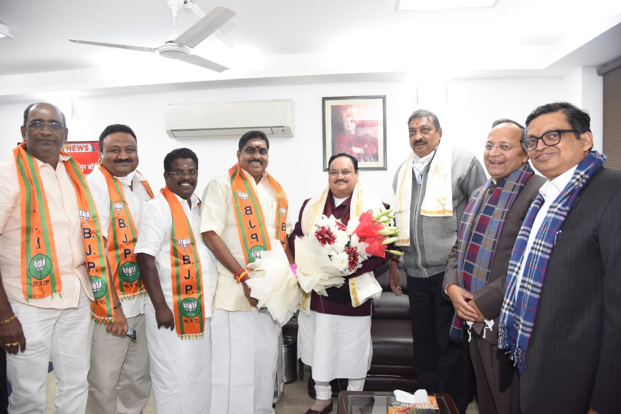 Photographs : Shri A Namassivayam, former minister of Puducherry, Shri E Theeppainthan, MLA from Oussudu, senior Congress leaders Shri A Jayakumar and Shri S Mourougane joined BJP.