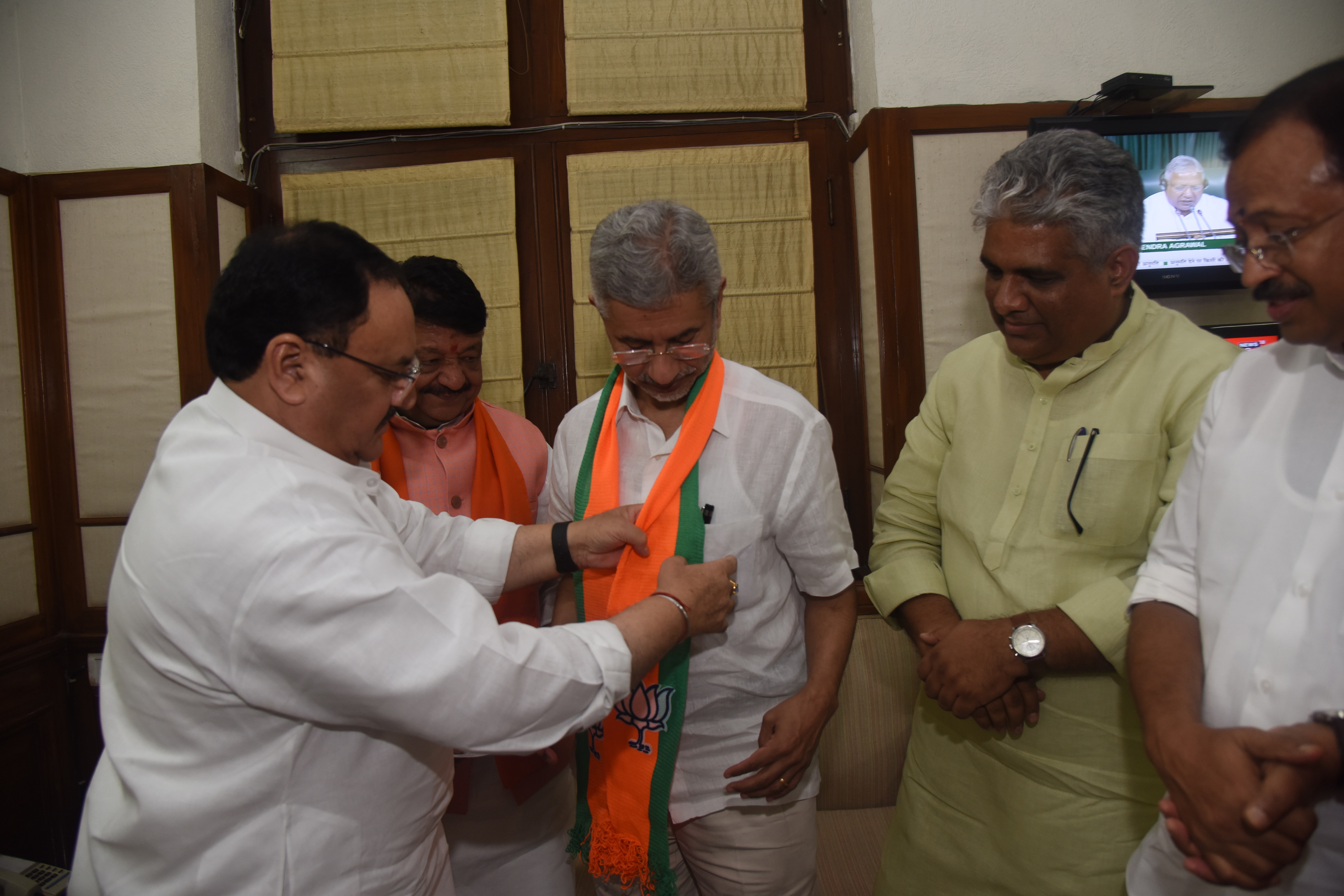 Photographs of Hon'ble Union Minister Shri Subrahmanyam Jaishankar joining BJP in presence of BJP National Working President, Shri Jagat Prakash Nadda at BJP Parliamentary Office