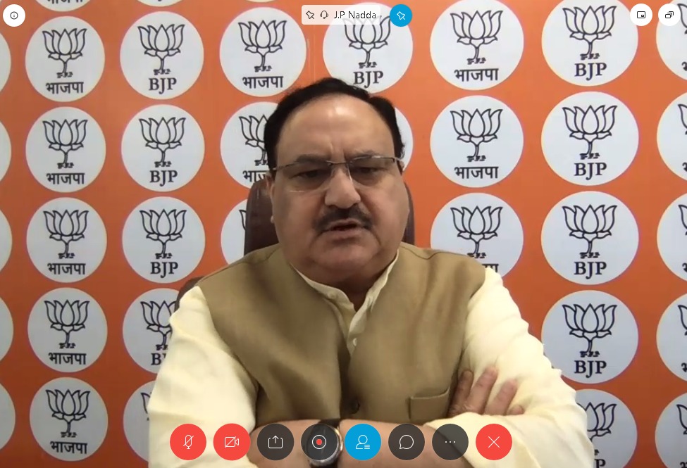 Photographs of BJP National President Shri J.P. Nadda meeting with various State President, General Secretary (Org) and National Office Bearers via video conferencing on June 26, 2020