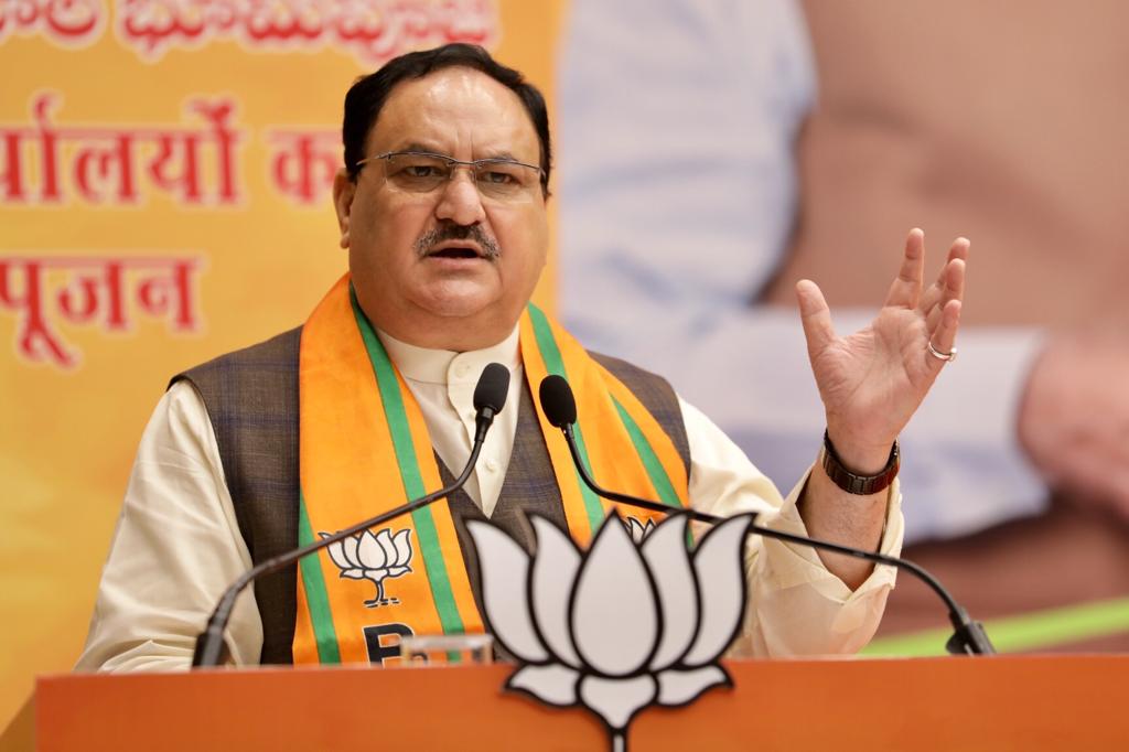 Photographs : BJP National President Shri J.P. Nadda addressing party karyakartas on the occasion of Bhoomipoojan of 9 BJP Distt. offices of Telangana via video conferencing