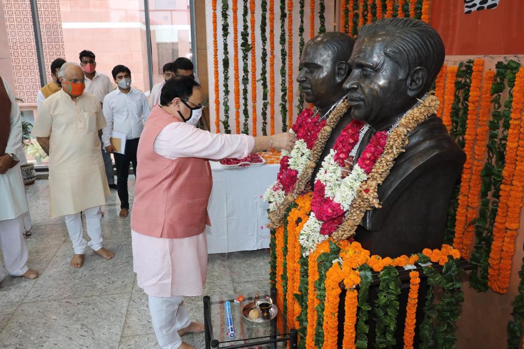 Photographs : BJP National President Shri J.P. Nadda paying floral tribute to Dr. Syama Prasad Mookerjee on his Birth anniversary at BJP HQ6A, DDU Marg, New Delhi