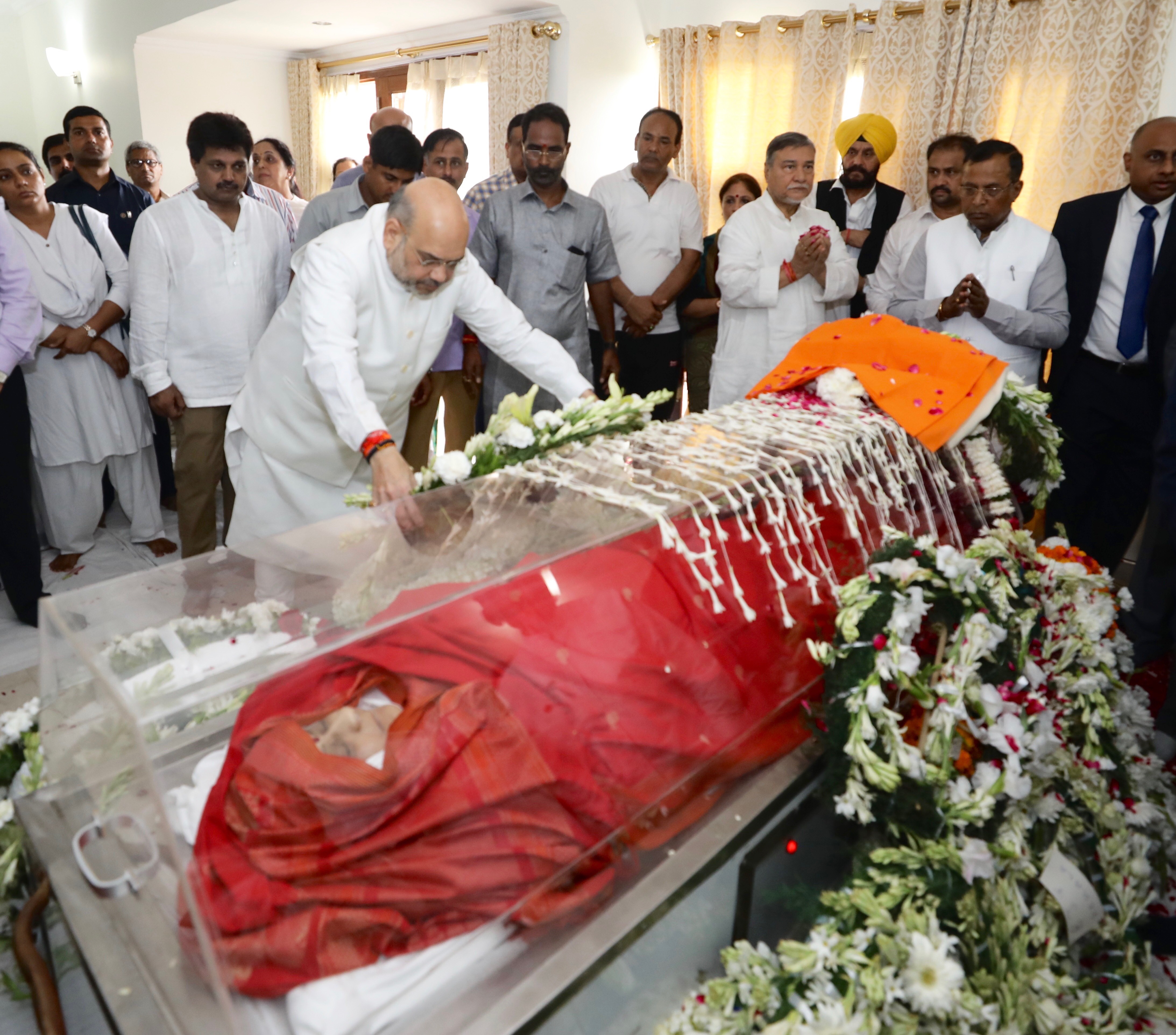  BJP National President and Hon'ble Home Minister Shri Amit Shah pay his last respect to Hon'ble Smt. Sushma Swaraj at Dhawan Deep Building, Janpath, New Delhi