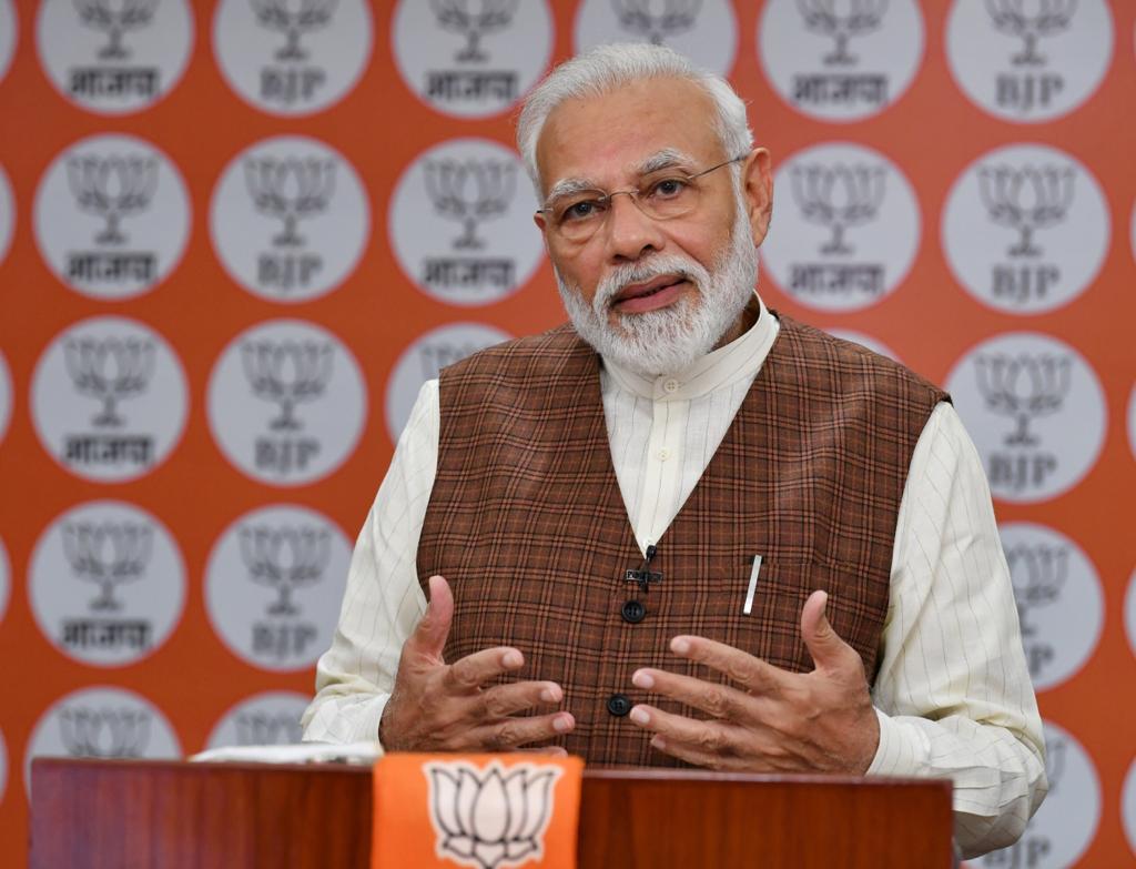 Hon'ble Prime Minister Shri Narendra Modi with Bharatiya Janata Party Karyakartas from Varanasi via Video Conference