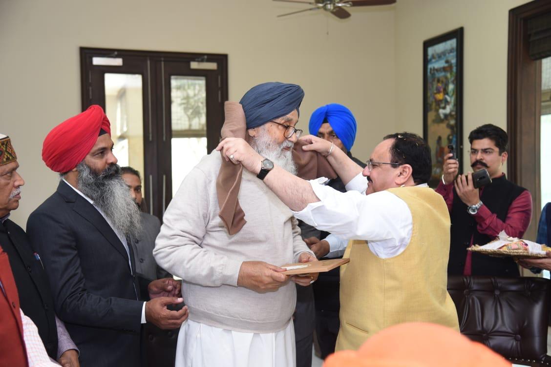 Photos of BJP National President Shri J.P. Nadda meets Akali Dal patriarch Parkash Singh Badal at his residence in Punjab's Badal village