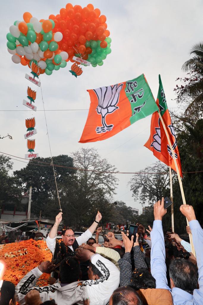 Photographs of grand welcome of BJP National President Shri J.P. Nadda on arrival at Patna by party workers