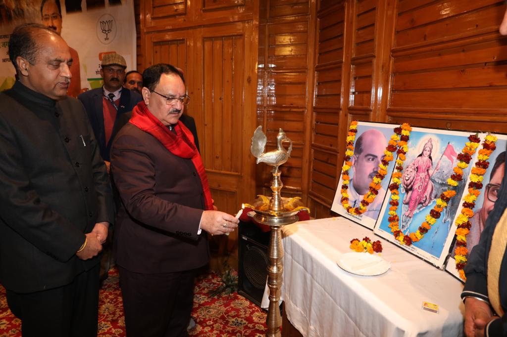 Photographs of BJP National President Shri J.P. Nadda addressing state leaders meeting at Shimla Peterof.