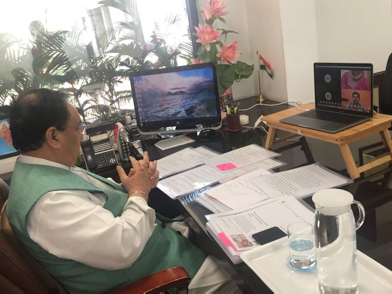 Photographs : BJP National President Shri J.P. Nadda interacting with with MPs & Office Bearers from Uttar Pradesh via video conferencing..