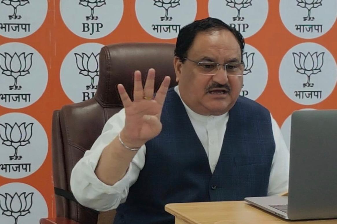 Photographs : BJP National President Shri J.P. Nadda interacting with with MPs & Office Bearers from Assam via video conferencing