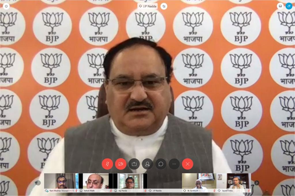 Photographs : BJP National President Shri J.P. Nadda interacting with august people on political and economic scenarios around Covid-19 issue via video conference.