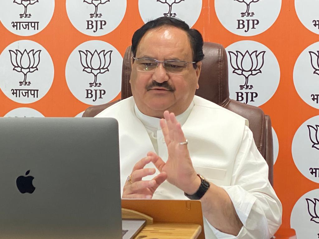 Photographs of BJP National President Shri J.P. Nadda interacting with BJP National Office Bearers via video conferencing