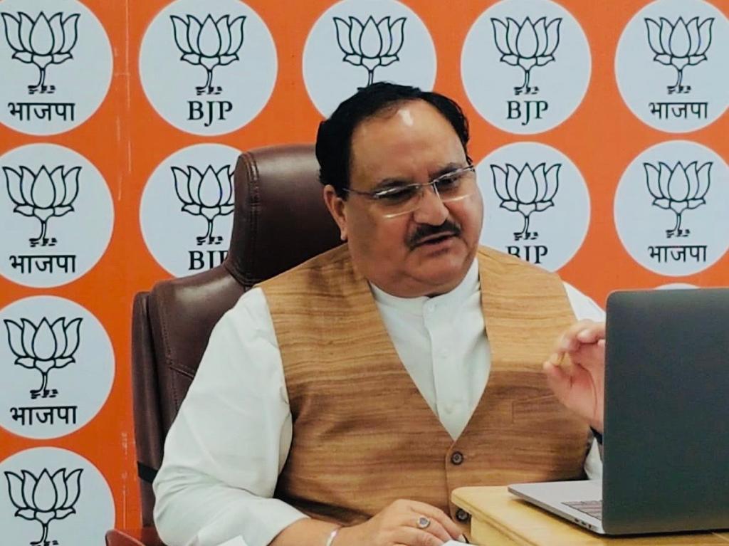 Photographs : BJP National President Shri J.P. Nadda interacting with Ex Foreign Diplomats via video conferencing