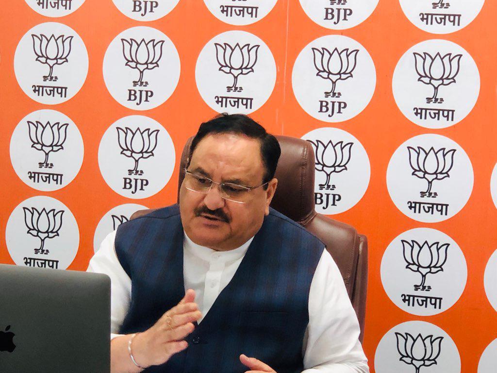 Photographs of BJP National President Shri J.P. Nadda interacting with Lawyer via video conferencing.