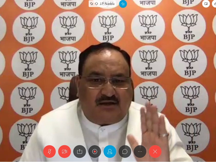 Photographs of BJP National President Shri J.P. Nadda interacting with senior Central BJP leaders & state leadership via video conferencing