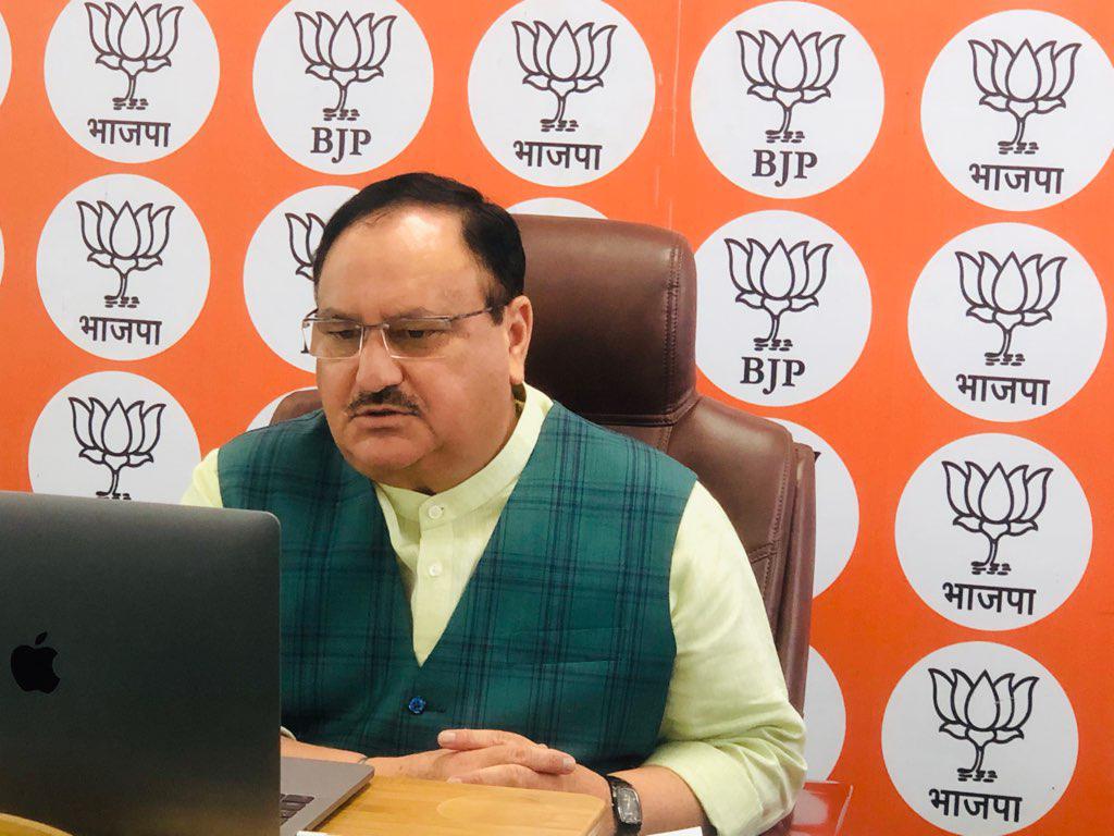 Photographs of BJP National President Shri J.P. Nadda addressing "Acharya Sabha" via video conferencing