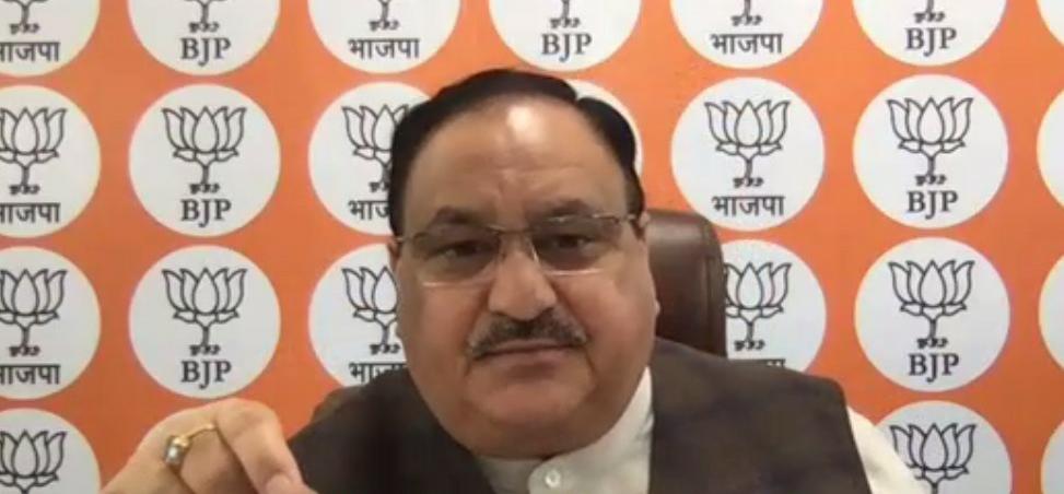 Photographs : BJP National President Shri J.P. Nadda interacting with Jila Parishad Adhyaksh & senior party workers of Maharashtra, Daman-Diu & K'taka via video conferencing.