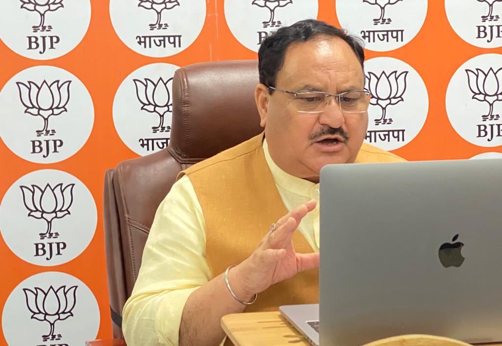 Photographs of BJP National President Shri J.P. Nadda interacting with Mayors of Goa, Maharashtra and Daman & Diu via video conferencing.