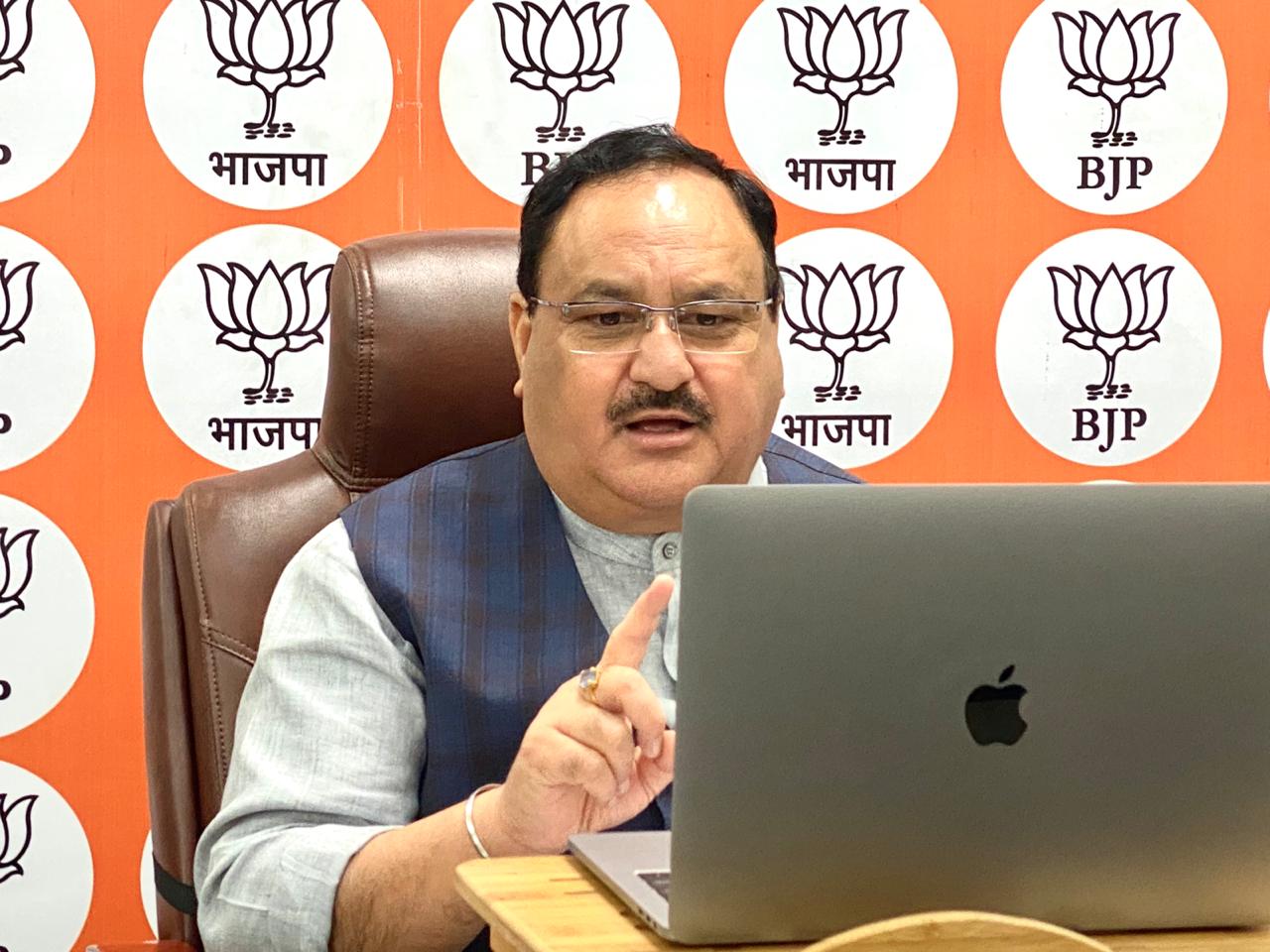 Photographs : BJP National President Shri J.P. Nadda interacting with Jila Parishad Adhyaksh of Tripura & Odisha via video conferencing.