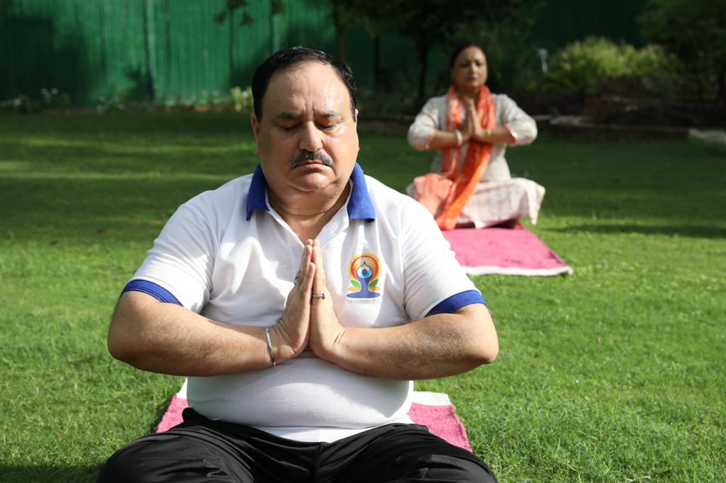 Photographs : BJP National President Shri J.P. Nadda performing Yoga on "Yoga Diwas" at his residence 7-B, Motilal Nehru Marg, New Delhi.