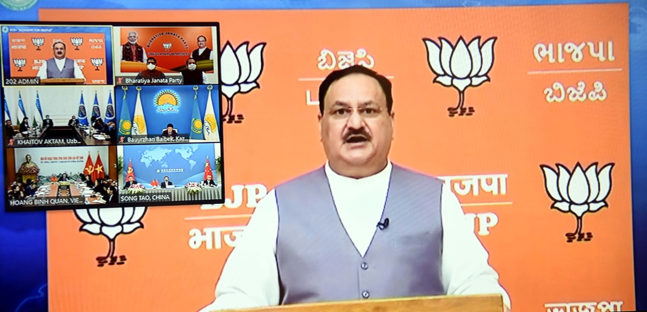 Photograhs : BJP National President Shri J.P. Nadda address the International Interparty Forum “SCO” opening ceremony through a video speech.