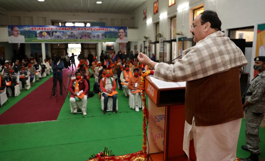 Photographs : BJP National President Shri J.P. Nadda addressing Ambedkar Nagar Mandal meeting at Hindu International Inter College, Ambedkar Nagar, Dehradun