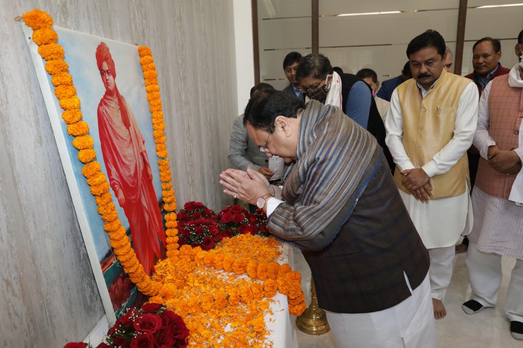 Photographs : BJP National President Shri J.P. Nadda paying floral tributes to Swami Vivekanand ji on his Birth Anniversary at PWD Guest House, Guwahati (Assam)