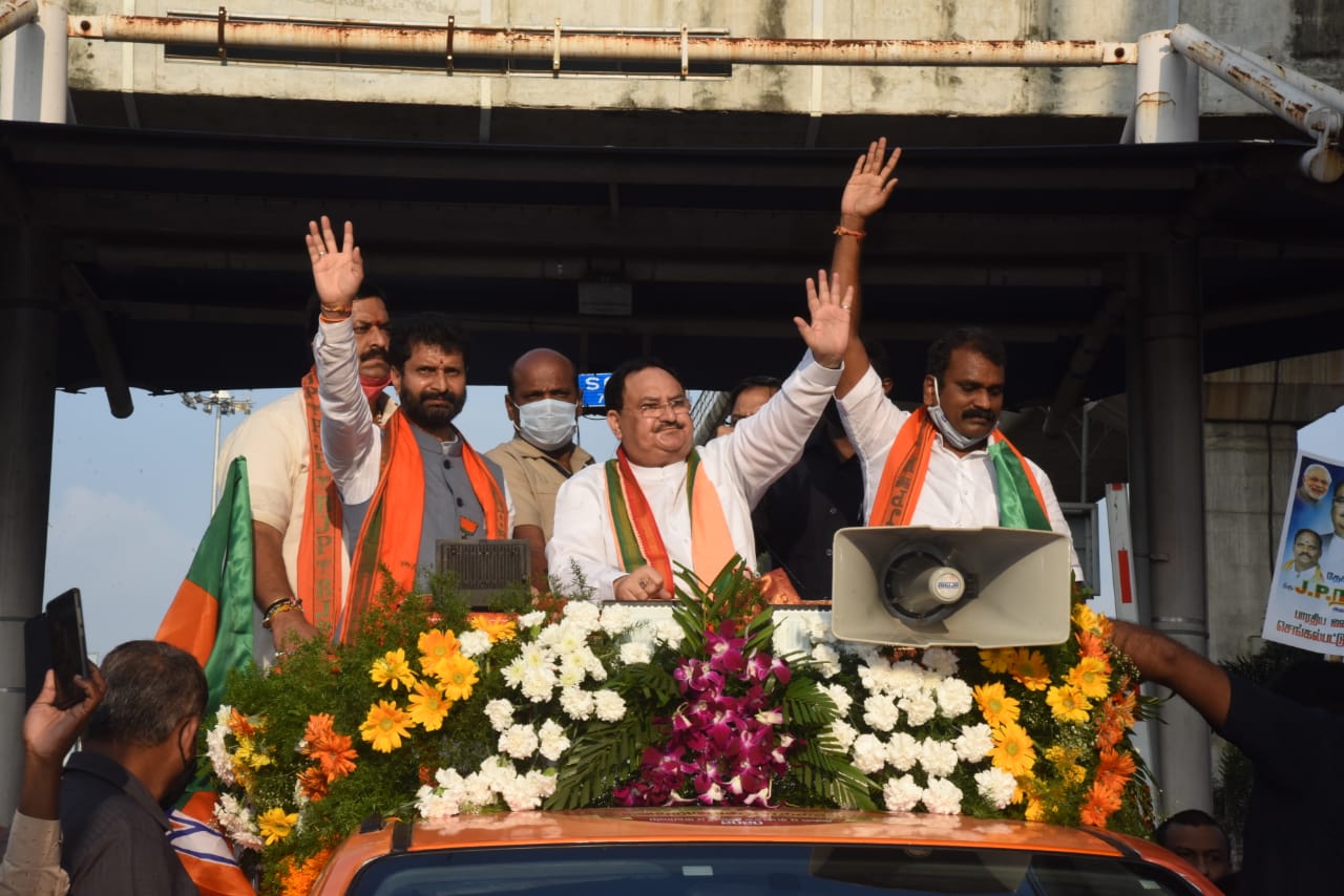 Photographs : Grand reception of BJP National President Shri J.P. Nadda on his arrival at Chennai Airport