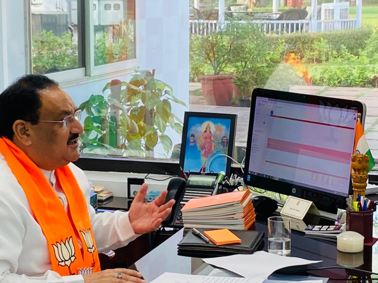  BJP National President Shri J.P. Nadda addressing virtual meeting with BJP National Office Bearers & State Presidents