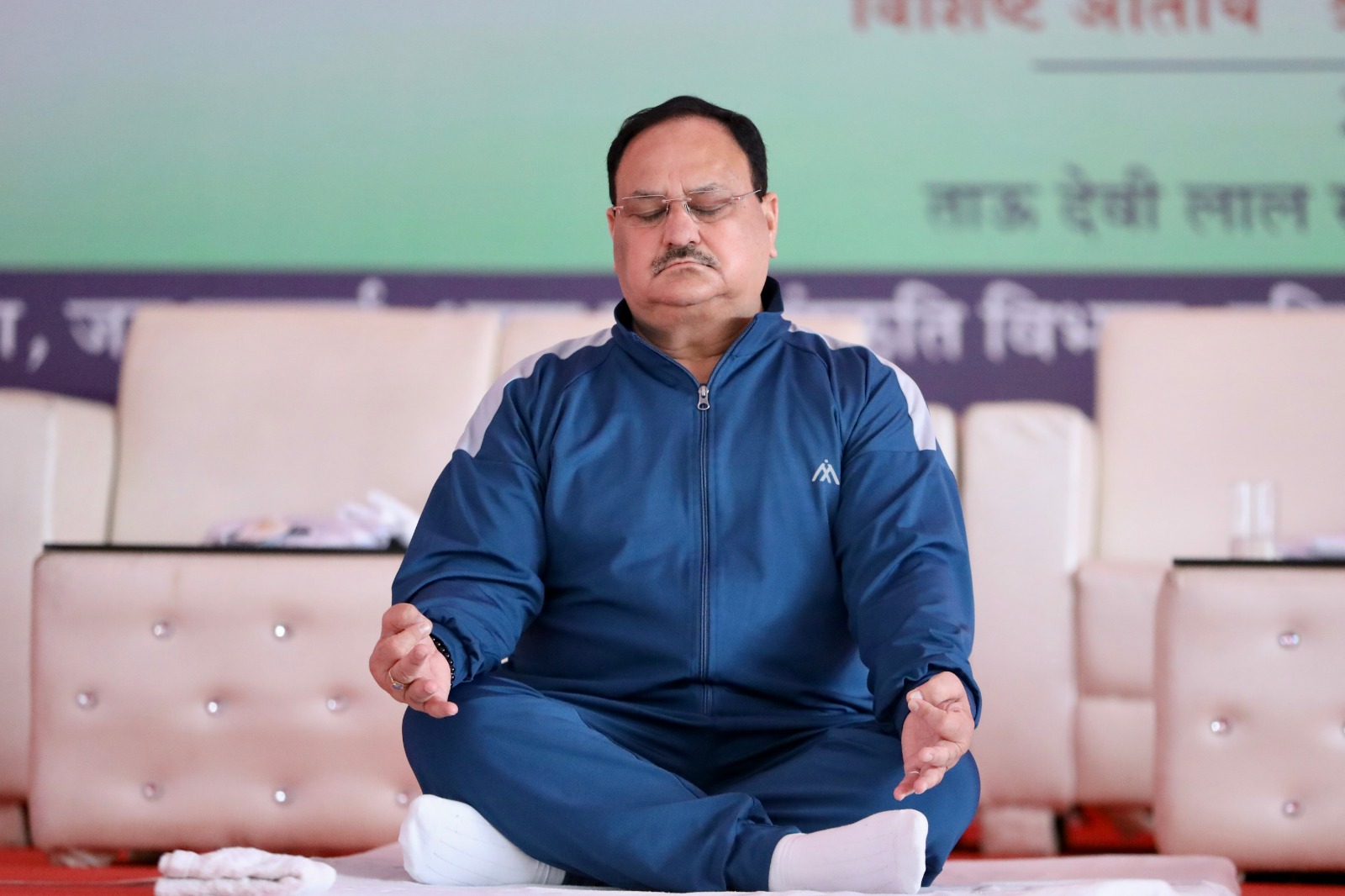 BJP National President Shri J.P. Nadda performing Yoga on the occasion of "Int'l Yoga Diwas – Har Ghar Aangan Yog" at Tau Devi Lal Stadium, Sec. 38, Gurugram (Haryana)