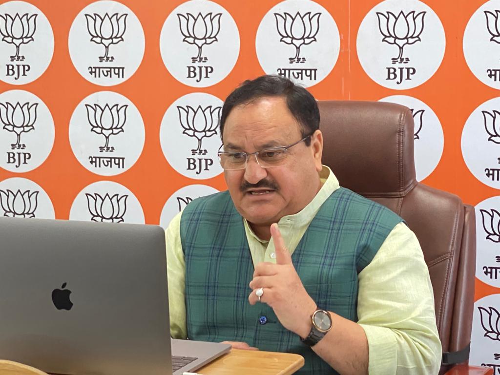 Photographs of BJP National President Shri J.P. Nadda interacting with Mayors & Deputy Mayors of Rajasthan & Gujarat via video conferencing