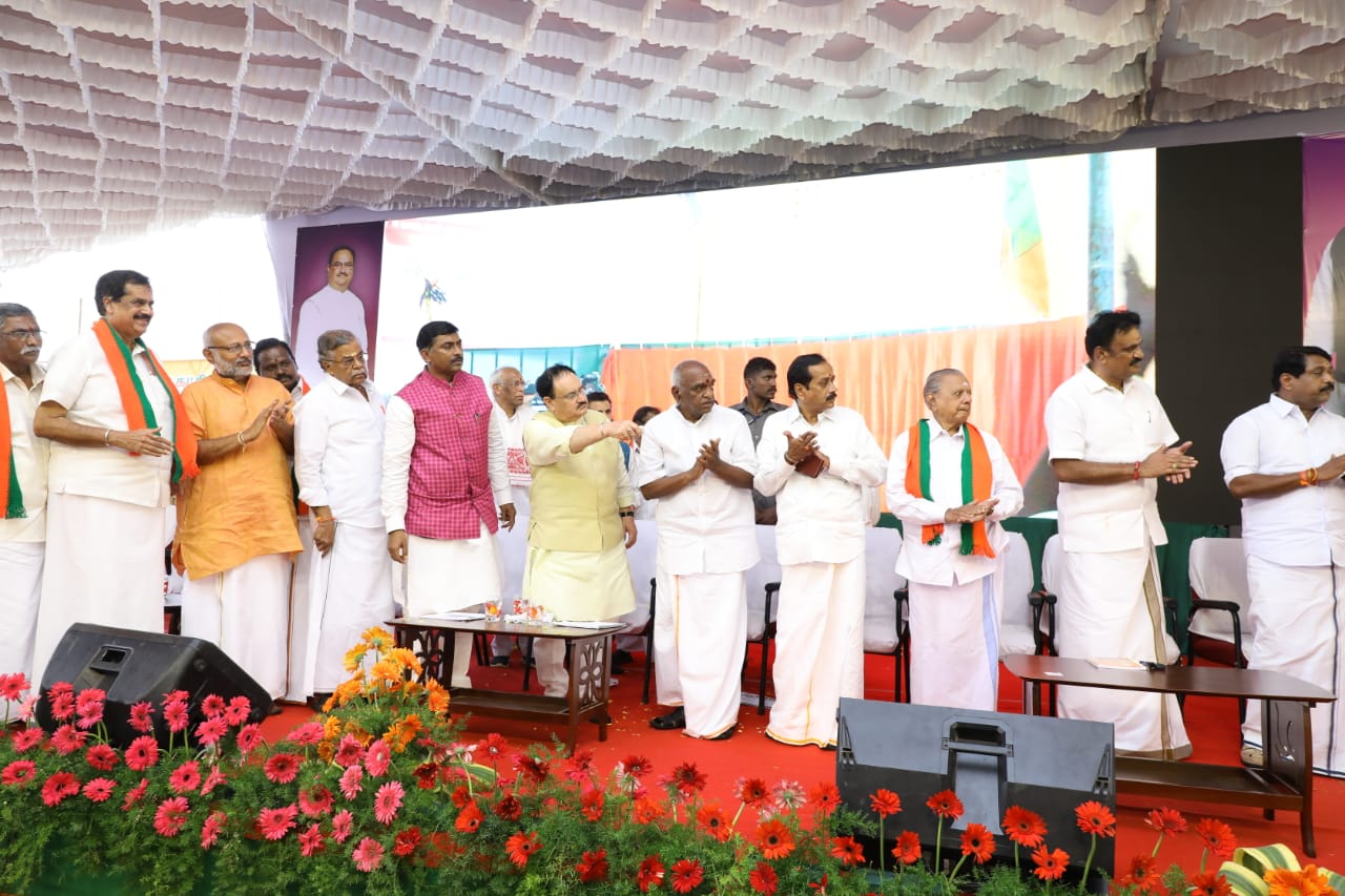 Photographs of BJP Working President Shri J.P. Naddaaddressing partykaryakartas & and while laying foundation stone of 16 district offices inThiruvallur, Tamil Nadu