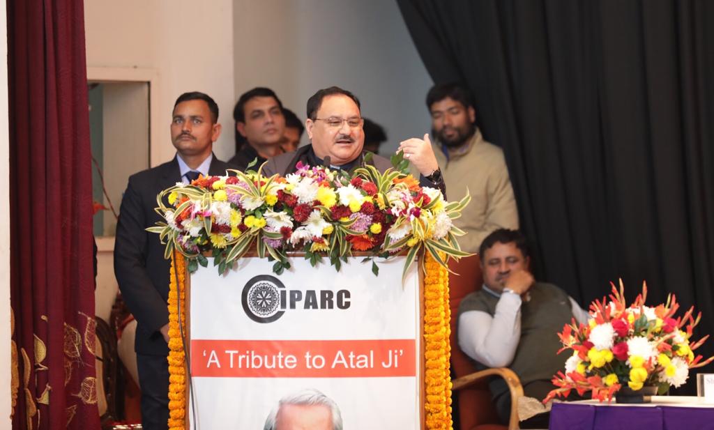 Photographs of BJP Working President Shri J.P. Nadda addressing a programme on eve of Atal ji's 95th B'day at National Museum, Janpath, New Delhi