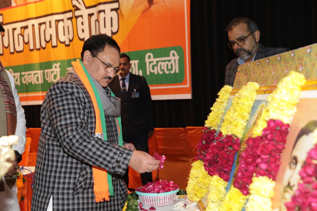 Photographs : BJP Working President Shri J.P. Nadda addressing organisational review Meeting of Mayur Vihar Assembly in New Delhi