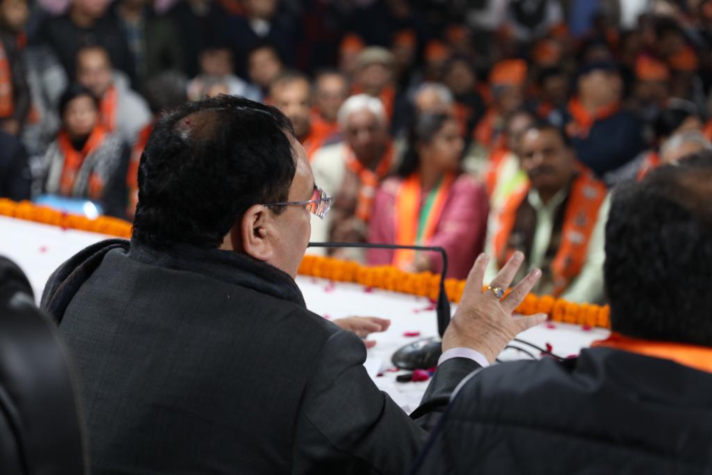 Photographs : BJP Working President Shri J.P. Nadda addressing Dwarka Assembly Organisational review Meeting at Hari Kishan Banquet Hall, Matiala Road, Delhi