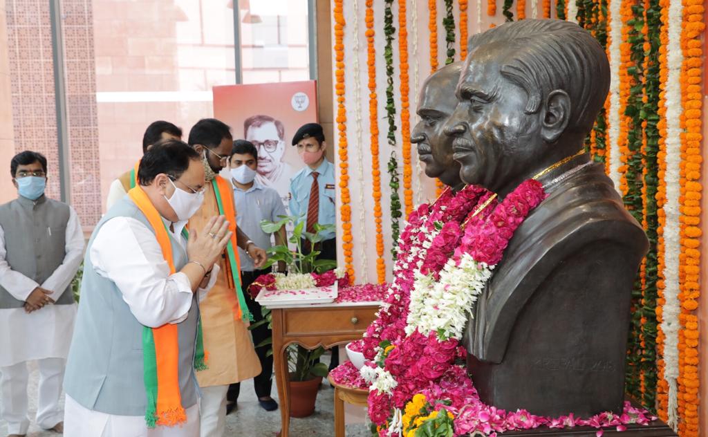 Photographs : BJP National President Shri J.P. Nadda paying floral tribute to Pt. Deendayal Upadhyaya ji on his jayanti at BJP HQ, 6A DDU Marg, New Delhi