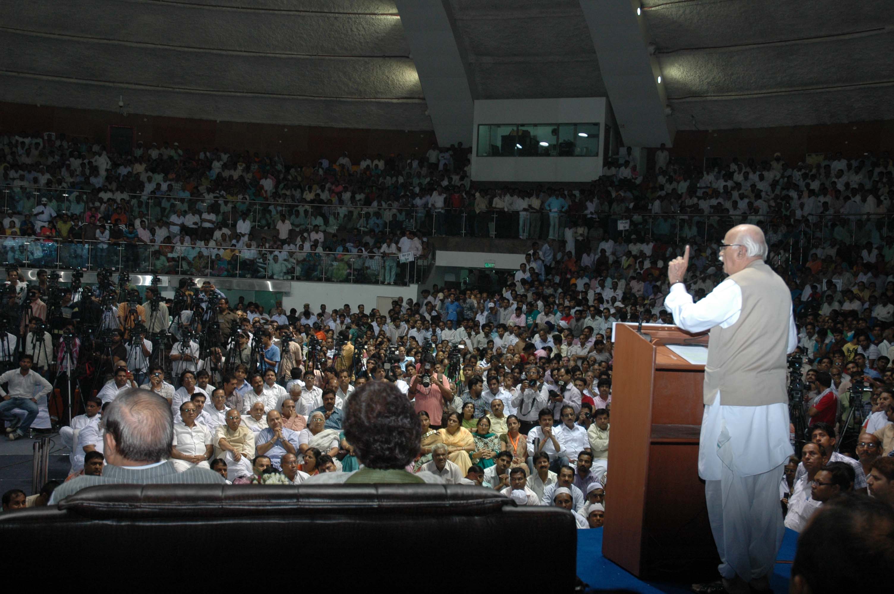 Shri L.K. Advani addressing Jan Sabha on the occasion of Dr. S.P. Mookerjee's Martyrdom Day at Talkatora Stadium, New Delhi on June 23, 2011