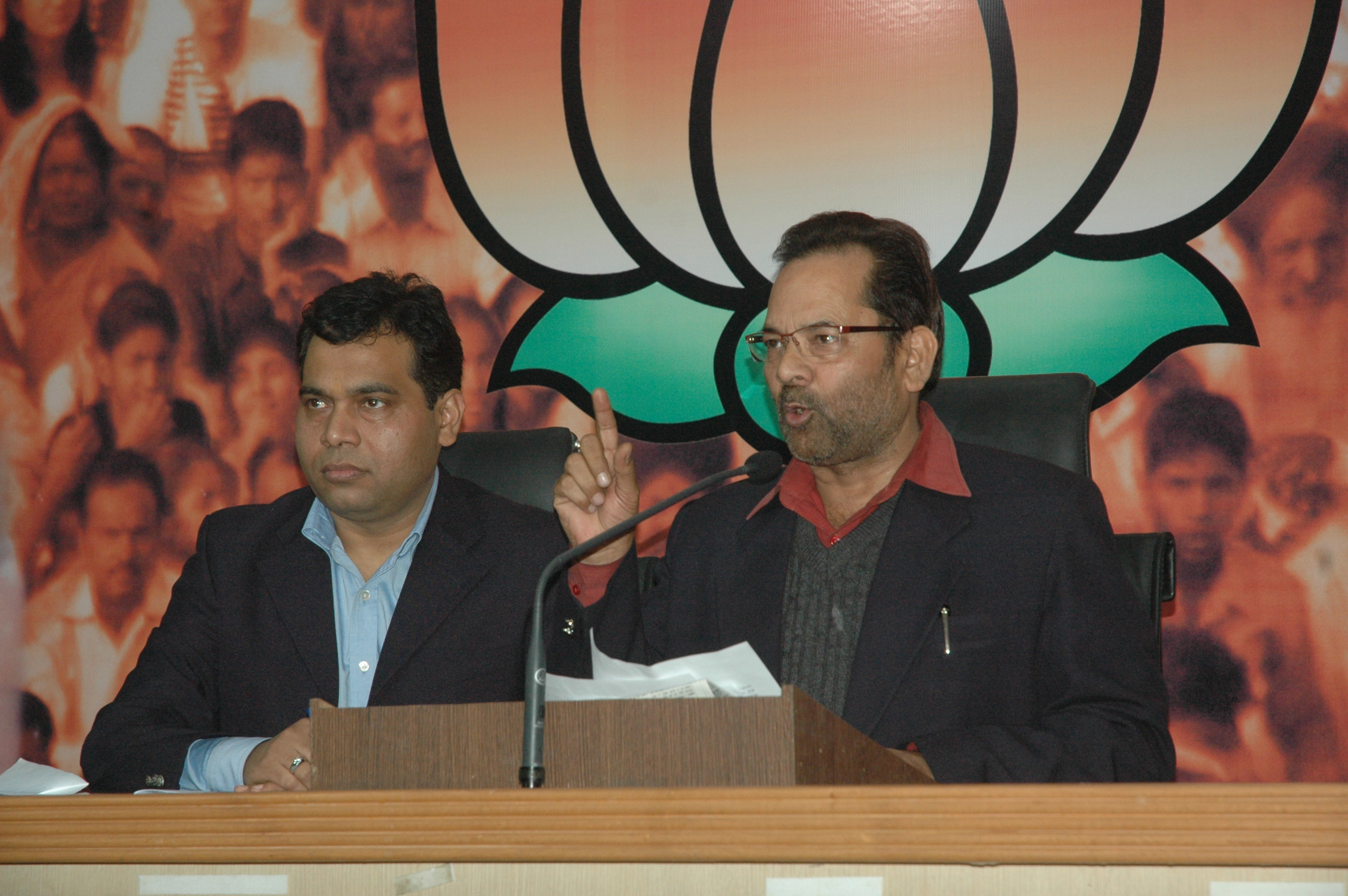 BJP National Vice President, Shri Mukhtar Abbas Naqvi and BJP National Media Convener, Shri Shrikant Sharma during the press conference at 11, Ashoka Road on January 03, 2012