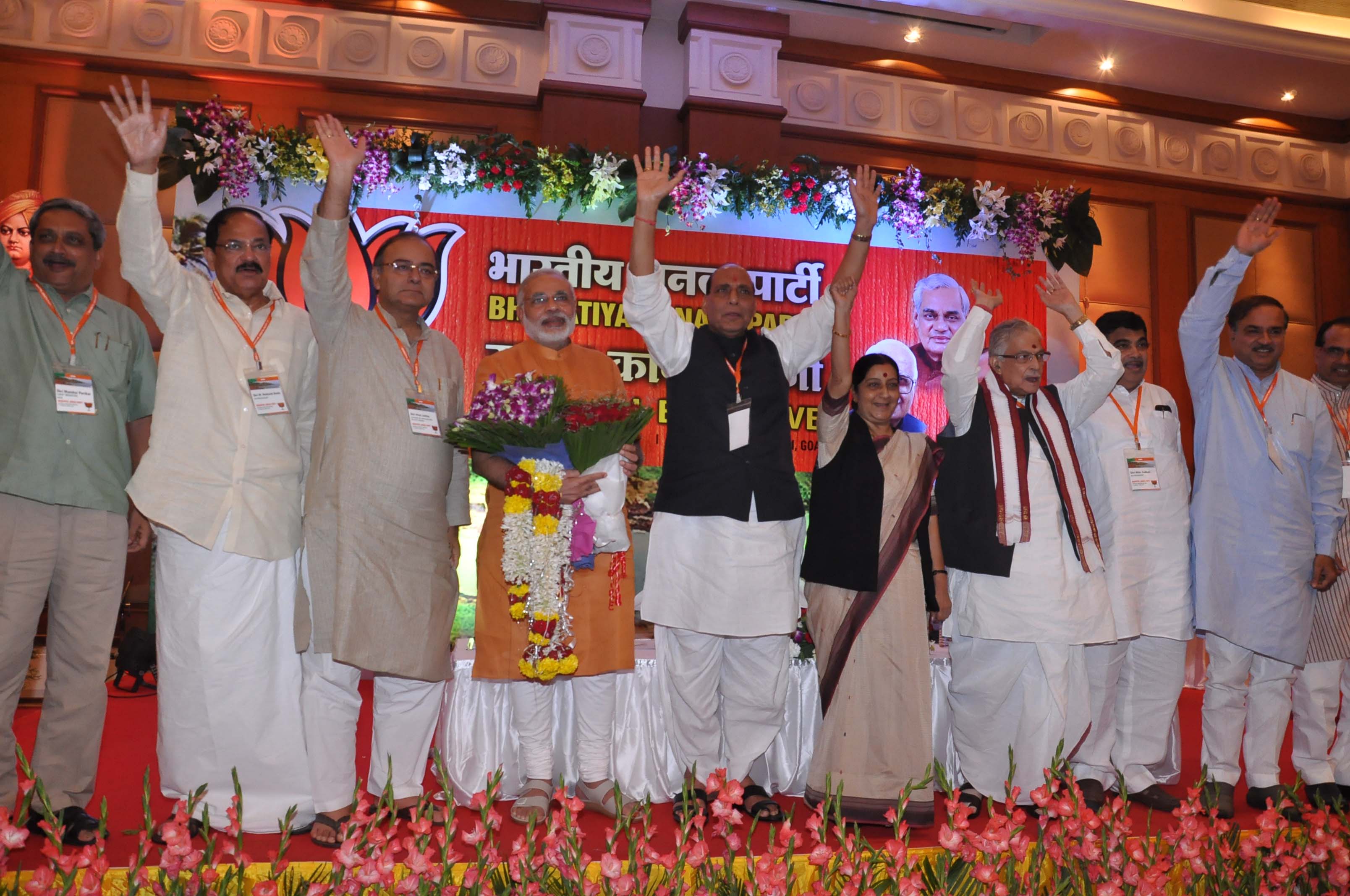 BJP Senior Leaders congratulating Gujarat CM, Shri Narender Modi as Chairman of BJP Election Campaigning Committee 2014 at Panaji (Goa) on June 09, 2013