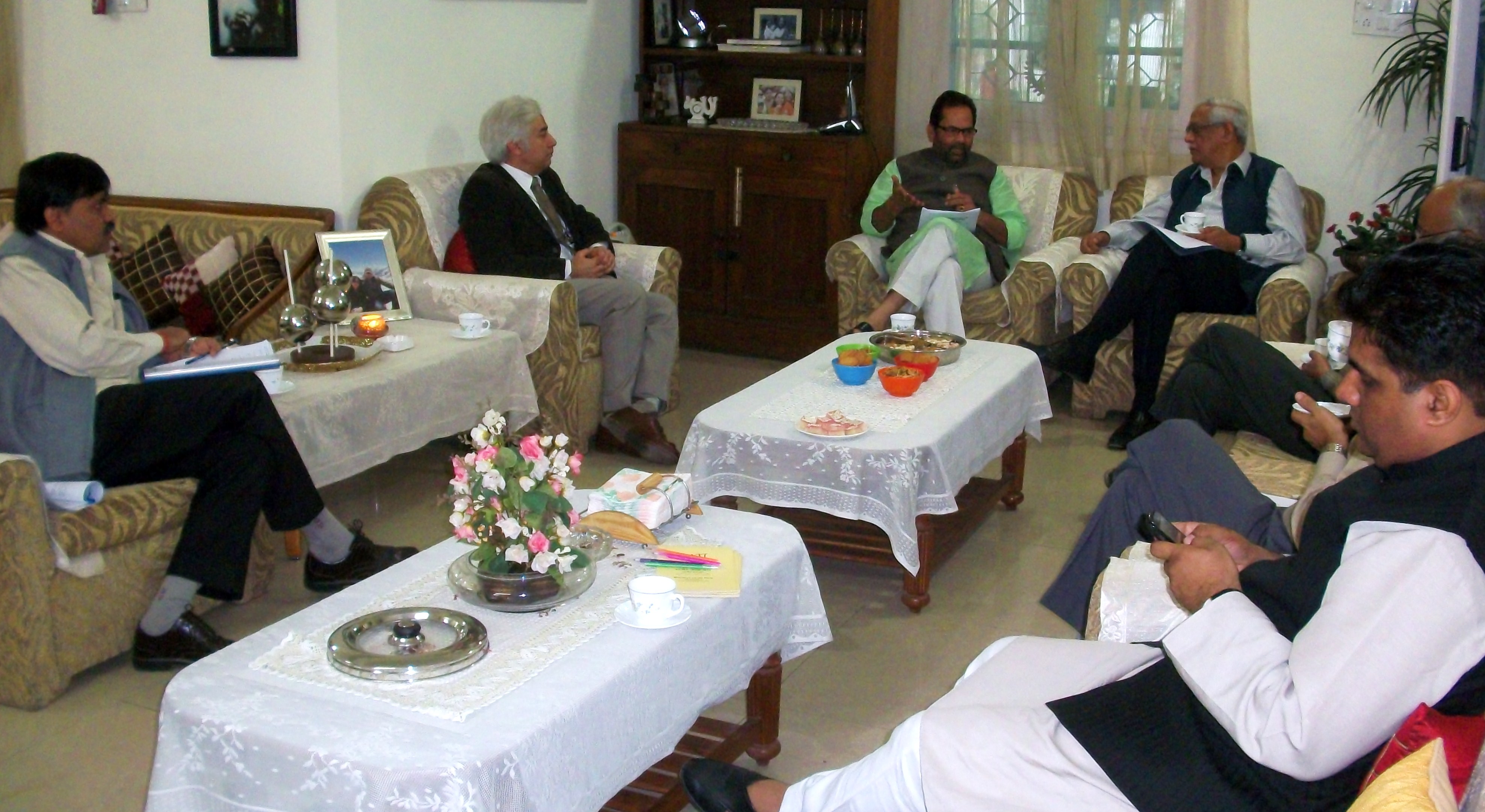 BJP National Vice President and Convener of Central Electoral Reforms Committee Shri Mukhtar Abbas Naqvi meeting with CII delegation on the issue of Electoral Reform at C-1/12 A, Pandara Park, New Delhi on November 26, 2011