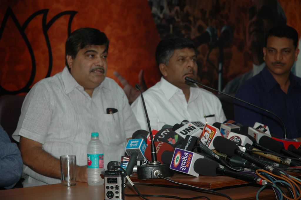 National President, Shri Nitin Gadkari, and BJP National Spokespersons during the press conference at 11, Ashoka Road on July 2, 2010