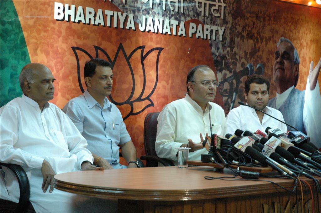 Shri Arun Jaitley addressing the press conference at 11, Ashoka Road on October 13, 2010