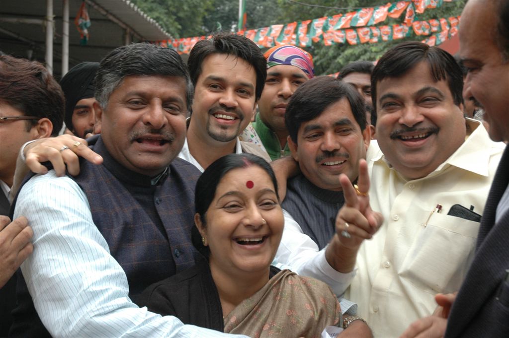 BJP Leaders celebrating the win in the Bihar Assembly Elections 2010 at 11, Ashoka Road, New Delhi 110001 on November 24, 2010