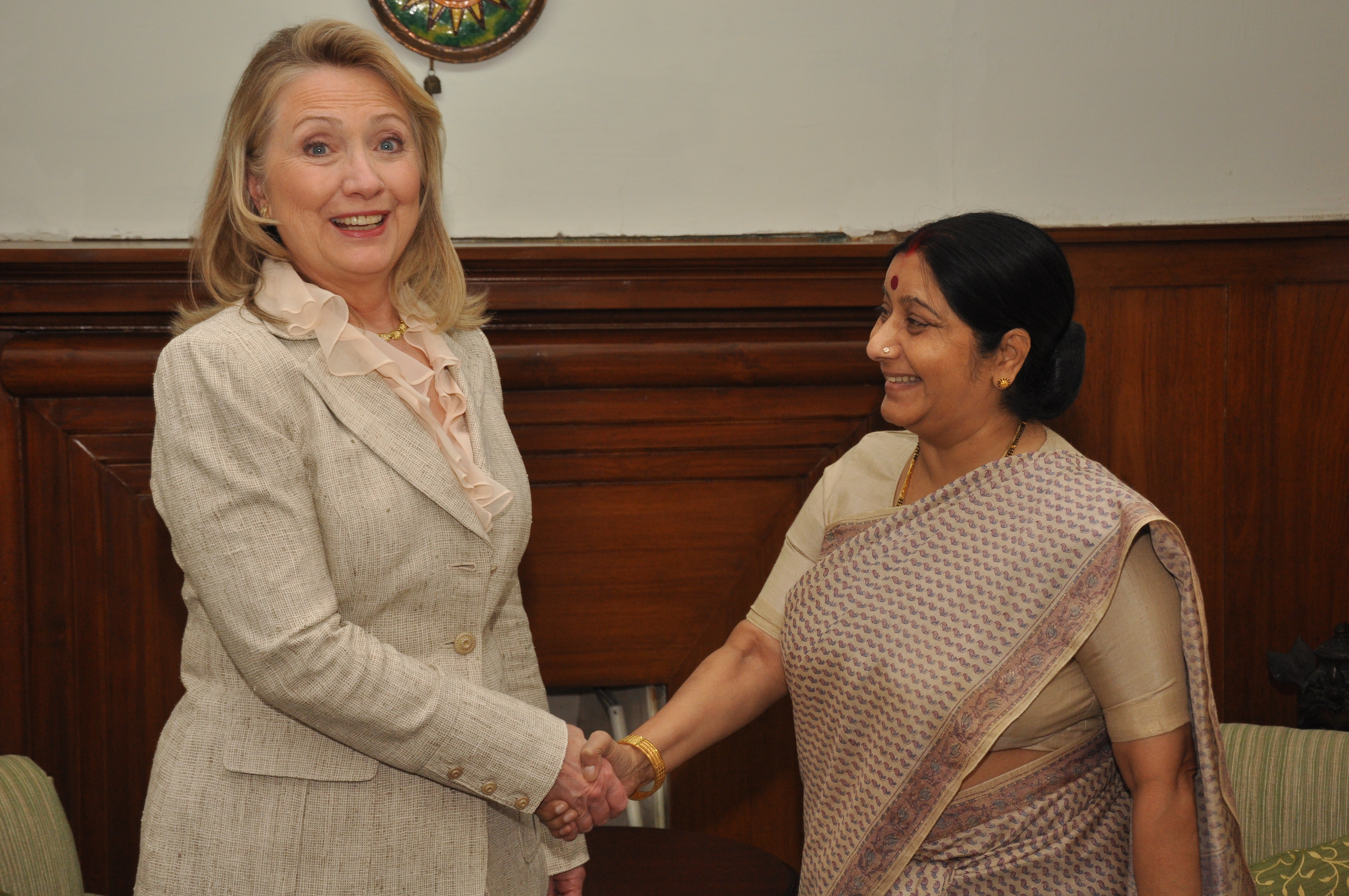 Leader of Opposition (Lok Sabha) Smt. Sushma Swaraj meeting with US Secretary of State, Ms Hillary Clinton at 8, Safdarjung Lane, New Delhi on May 08, 2012