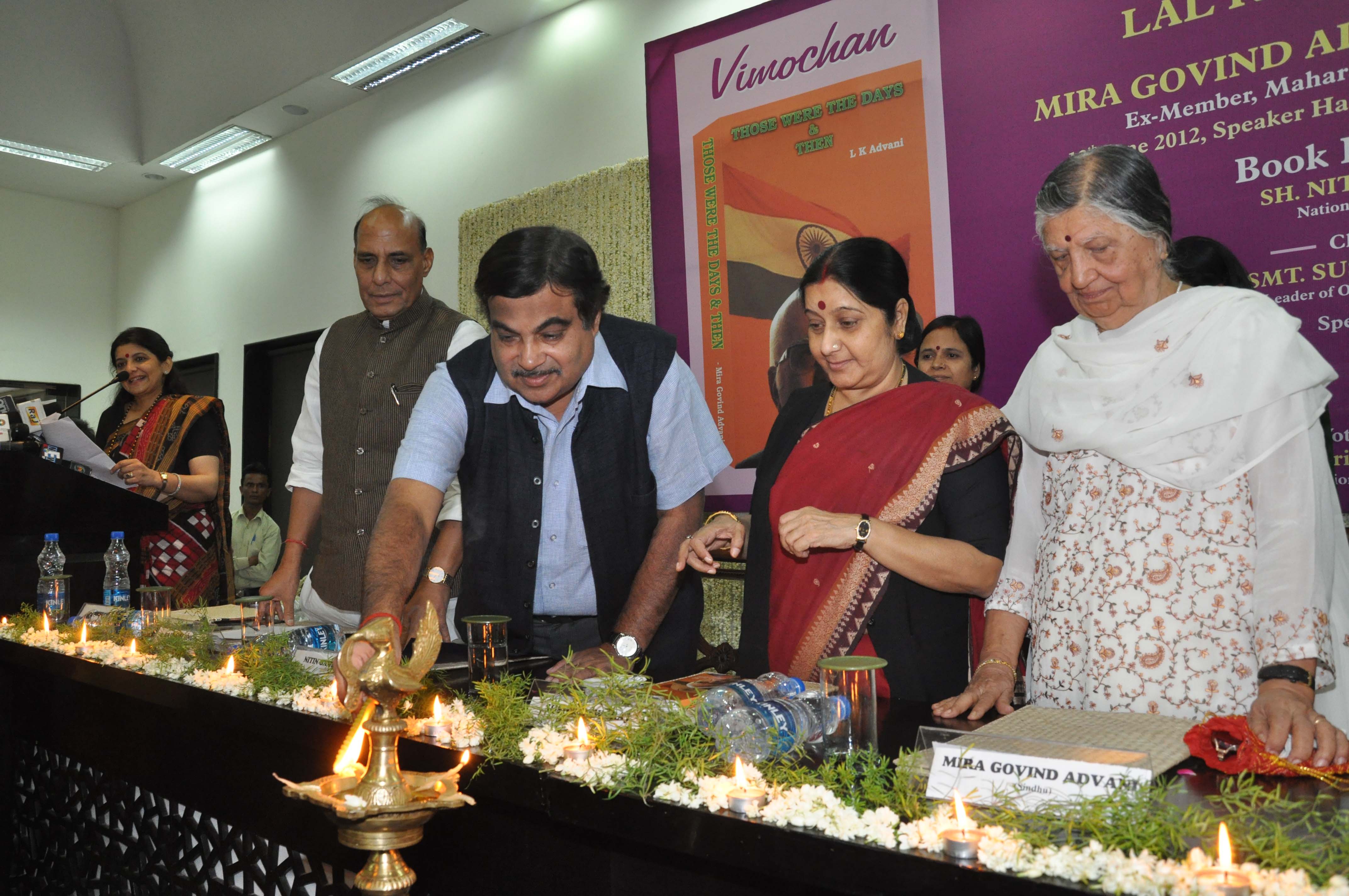 BJP President, Shri Nitin Gadkari, Smt. Sushma Swaraj, Shri Rajnath Singh and other senior BJP Leaders at book release "THOSE WERE THE DAYS and THEN" by Mira Govind Advani at Speaker Hall, Constitution Club, New Delhi on June 12, 2012