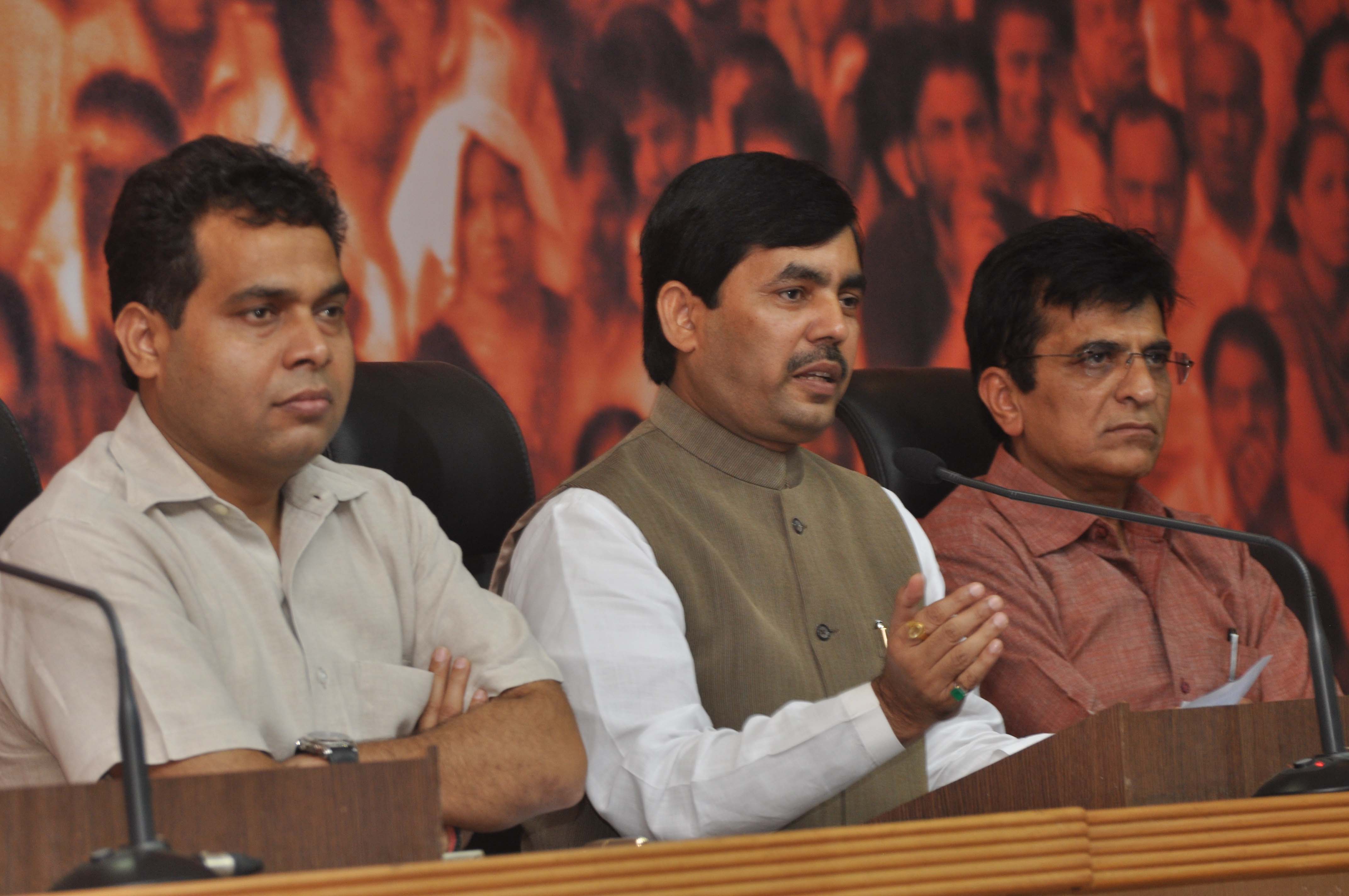 BJP National Spokesperson and MP, Syed Shahnawaz Hussain addressing a press conference at 11, Ashoka Road, New Delhi on July 10, 2012